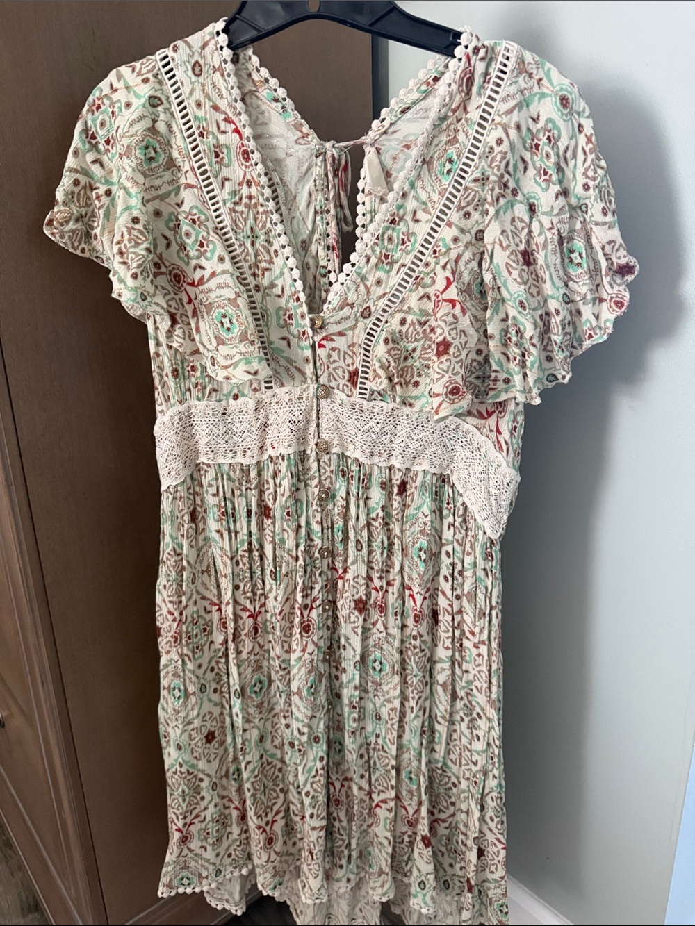 Bohemian Cream Floral Lace-Trim Midi Dress